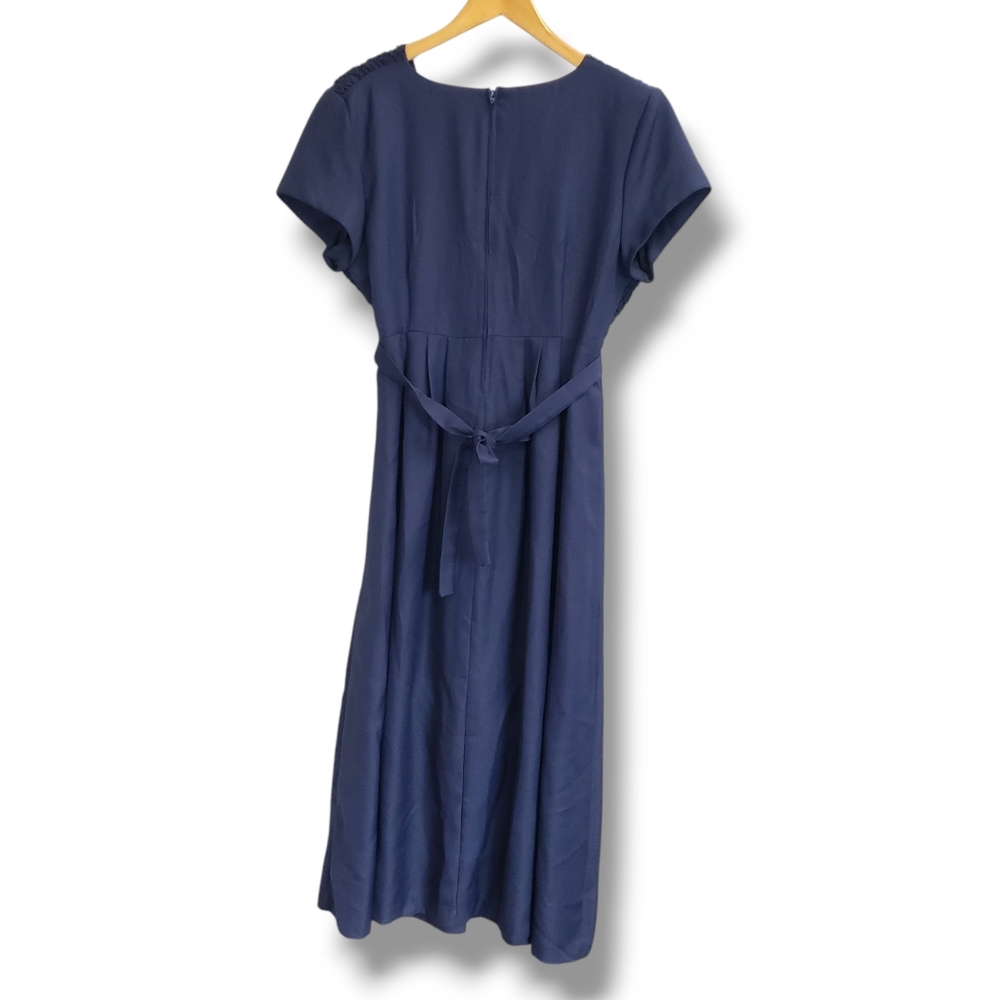 Vintage EJM Navy Blue Textured Belted Midi Dress Size 10 - Picture 5 of 10